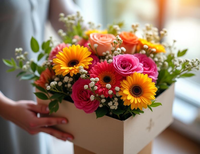 Een persoon die een luxe doos met een vers bloemenabonnement opent