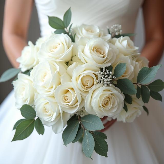 Elegant wit bruidsboeket met rozen en eucalyptus