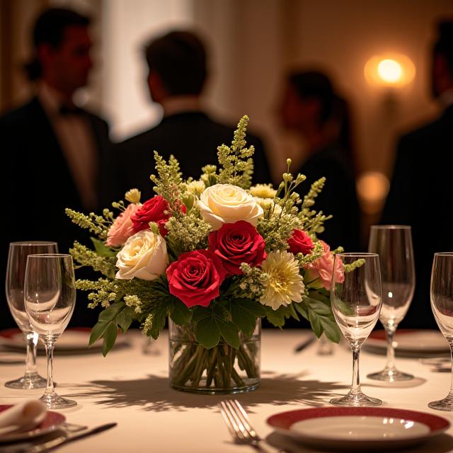Stijlvolle bloemdecoratie op een tafel tijdens een zakelijk evenement