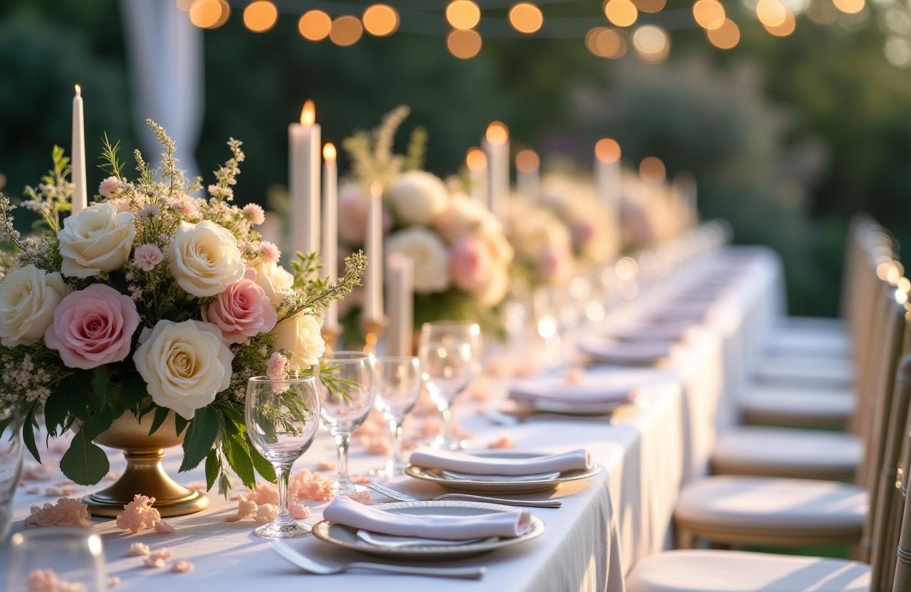 Gedekte tafel op een bruiloft met weelderige bloemendecoratie