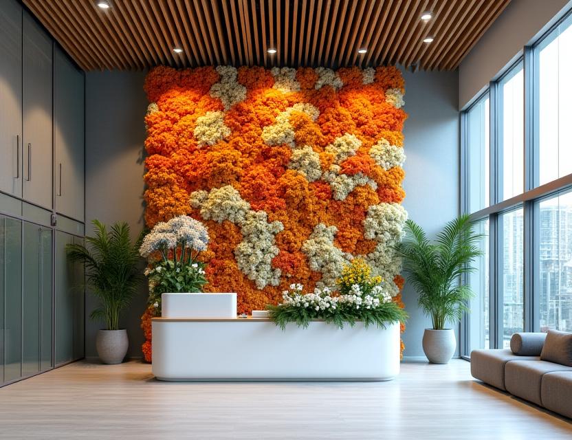 Groot bloemstuk bij de receptie van een kantoor