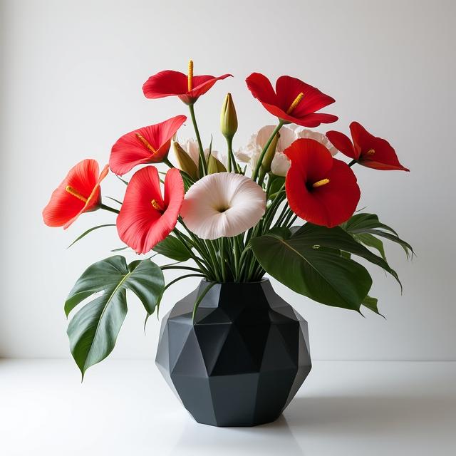 Modern en minimalistisch bloemarrangement met anthuriums