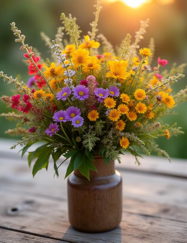 Kleurrijk veldboeket in een rustieke vaas